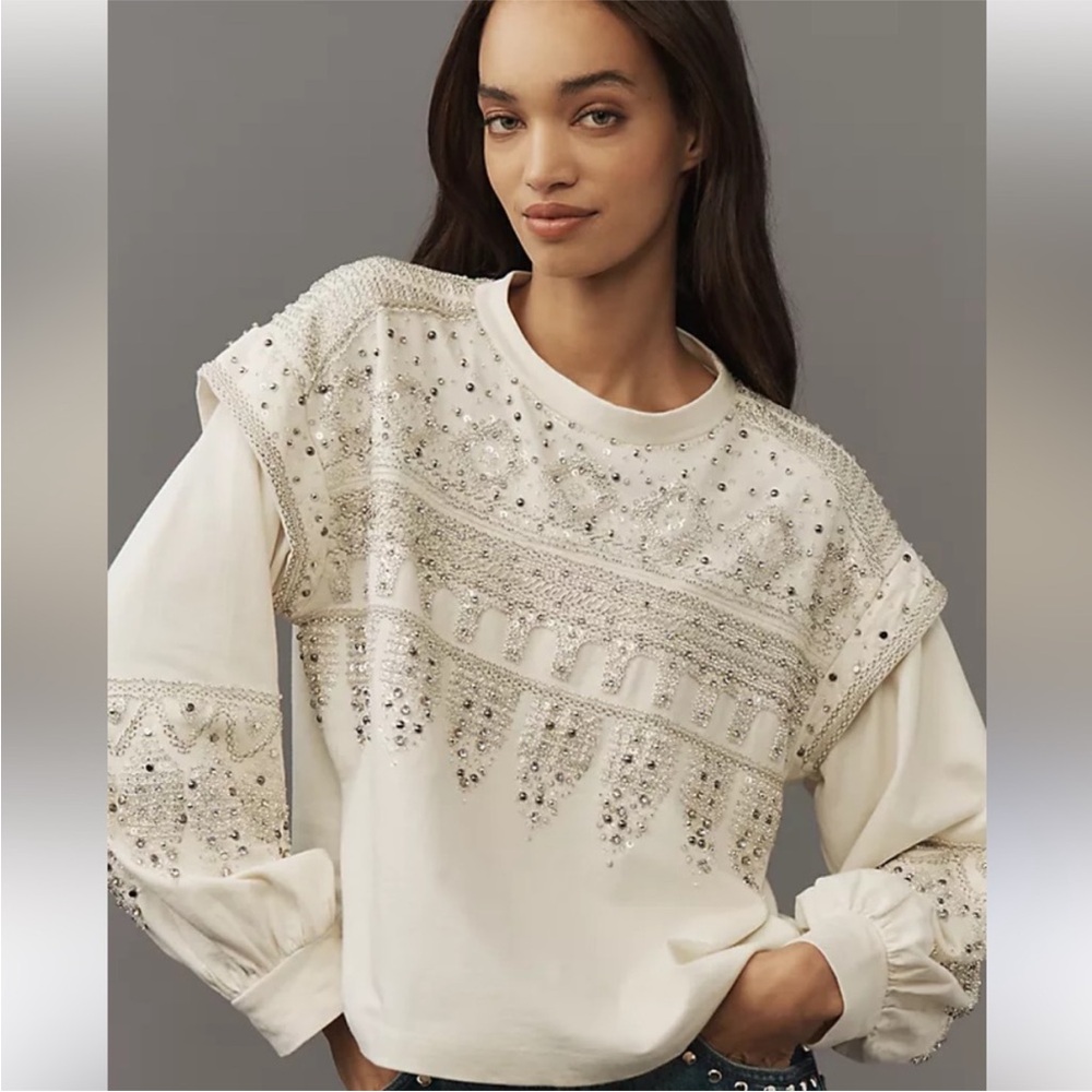 Pilcro Cream Embellished Bead & Crystal Sweater